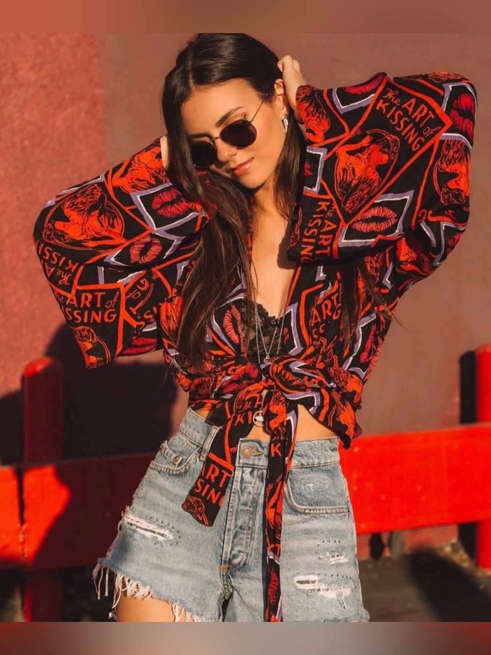 The Kooples Black and Red Kiss-Print Kimono Top, M